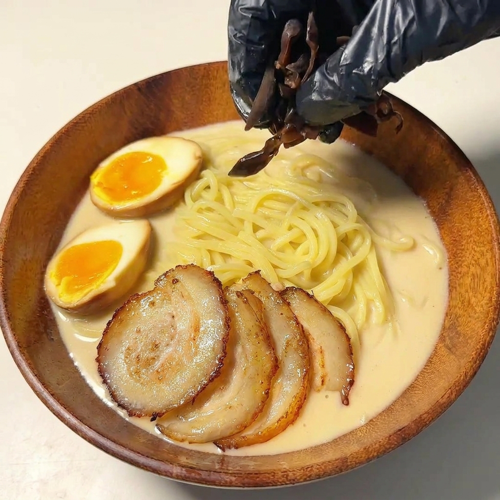 라멘 그릇 한쪽에 채 썬 목이버섯을 올리는 모습.