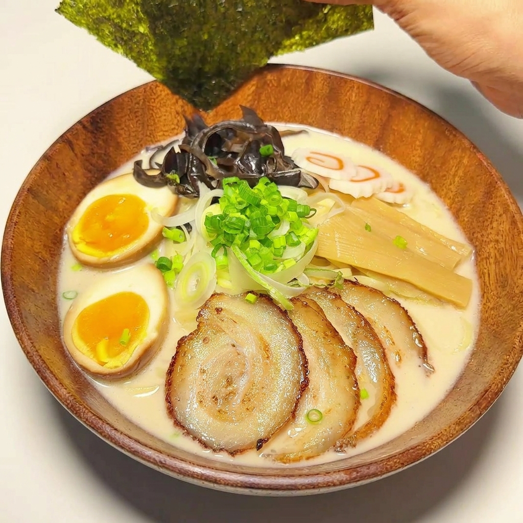 그릇 가장자리에 바삭한 김 두 장을 꽂아 완성한 라멘.