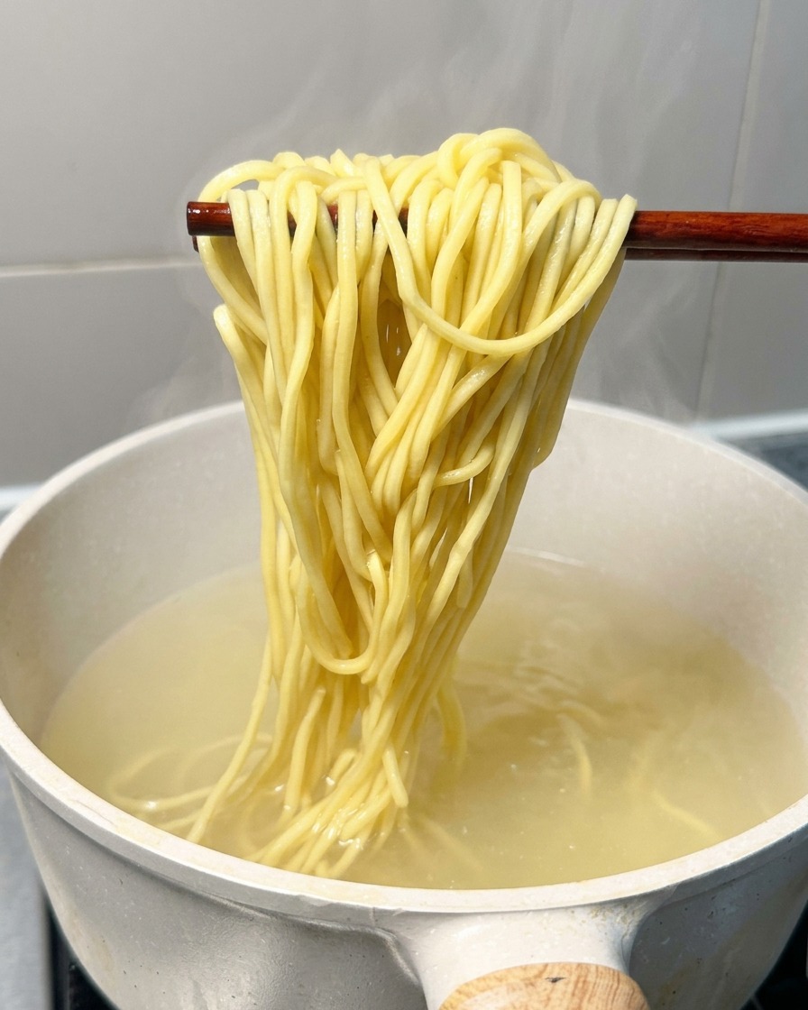 끓는 물에서 쫄깃한 노란 라멘 면을 젓가락으로 들어 올리는 모습.