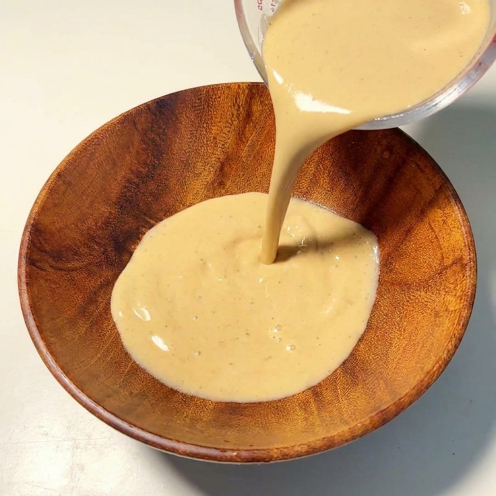걸쭉하고 크리미한 수프 베이스를 서빙용 그릇에 붓는 모습.