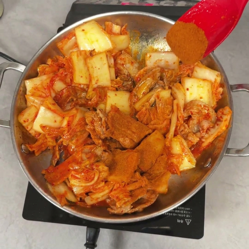 볶은 재료 위에 고운 고춧가루를 뿌리는 모습