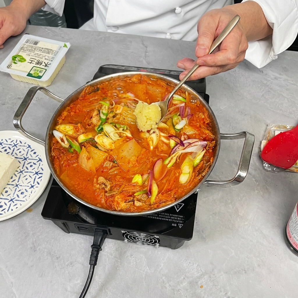 끓는 찌개에 다진 마늘을 넣는 모습