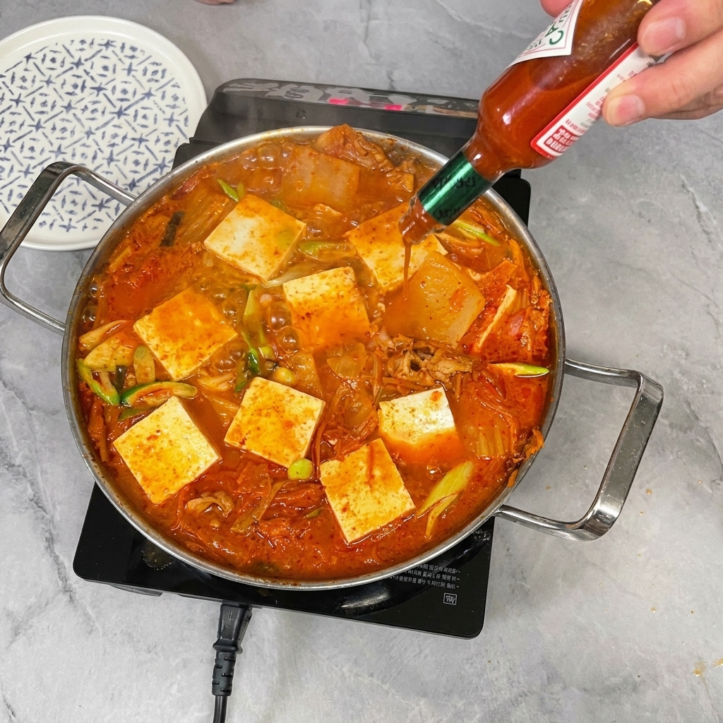 찌개에 핫소스를 넣는 모습