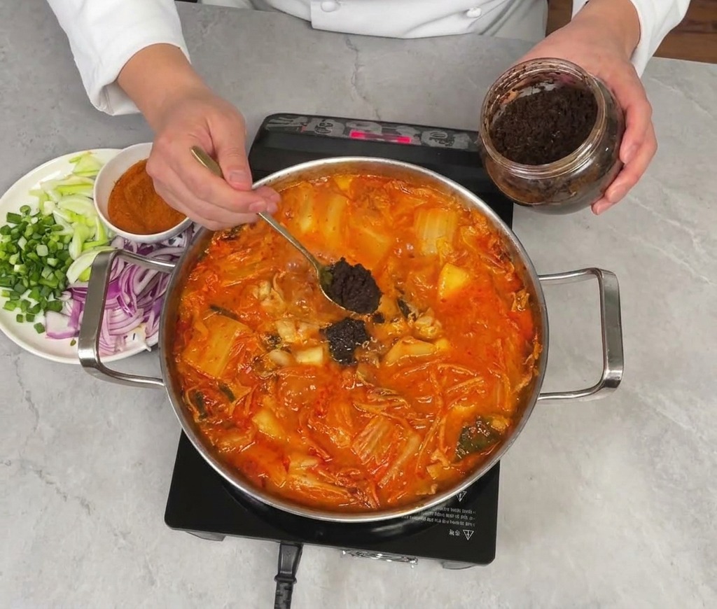된장을 한 스푼 떠서 국물에 푸는 모습