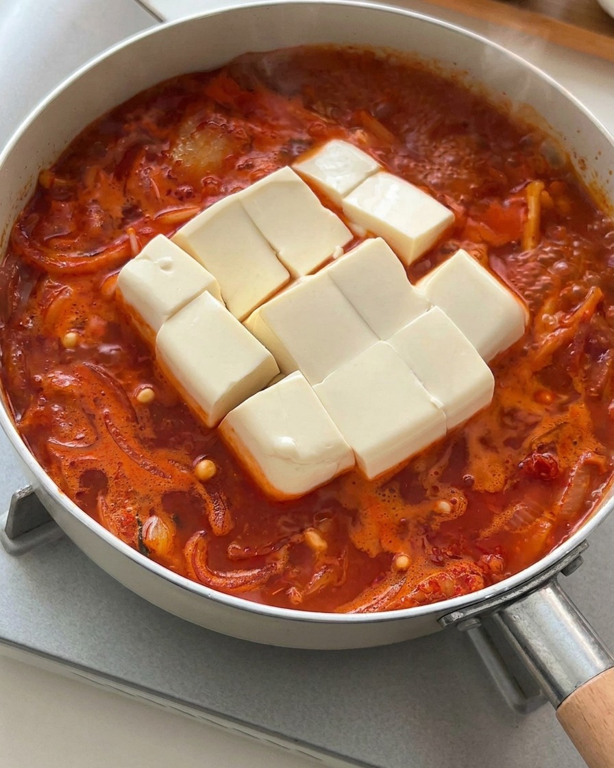 격자 모양으로 칼집을 낸 뽀얀 순두부 한 덩이를 끓는 김치찌개 중앙에 넣는 모습.