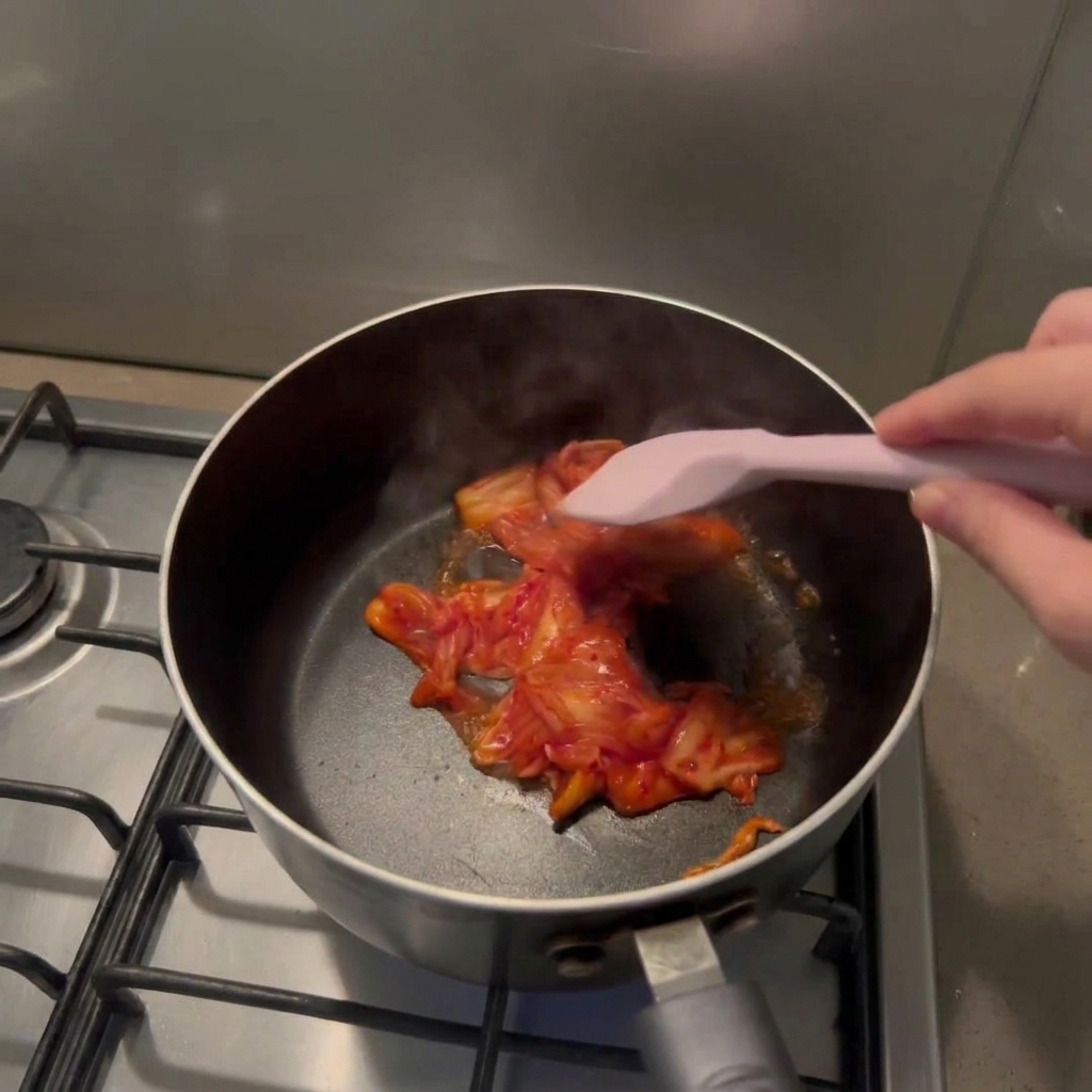 검은색 냄비 안에서 실리콘 주걱으로 잘게 썬 김치를 볶는 모습