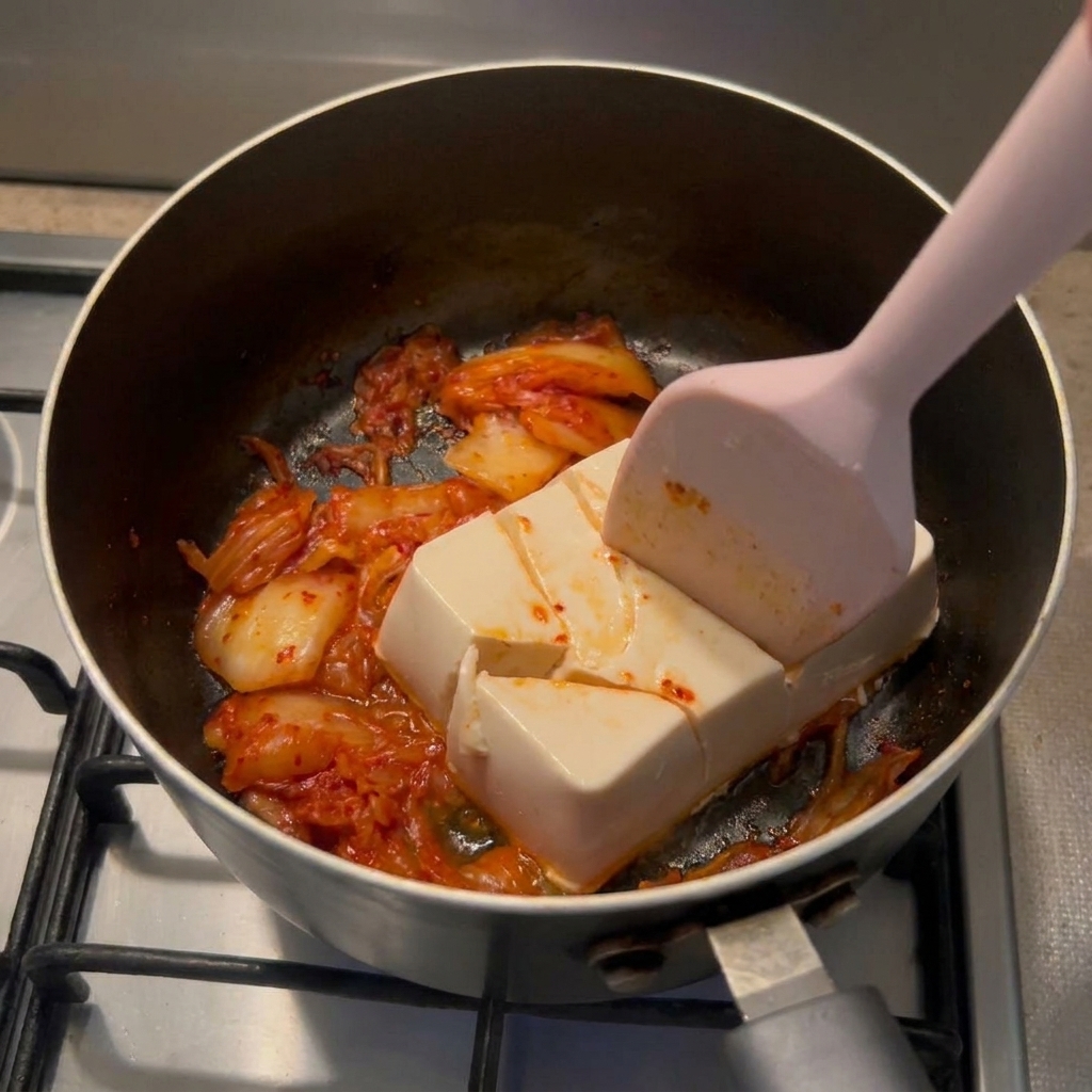 붉은 김치 위에서 주걱으로 하얀 순두부를 큼직하게 자르는 모습