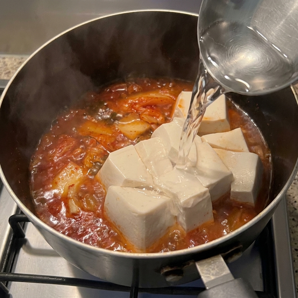 냄비 안의 김치와 순두부 위로 뜨거운 물을 국자로 붓는 모습