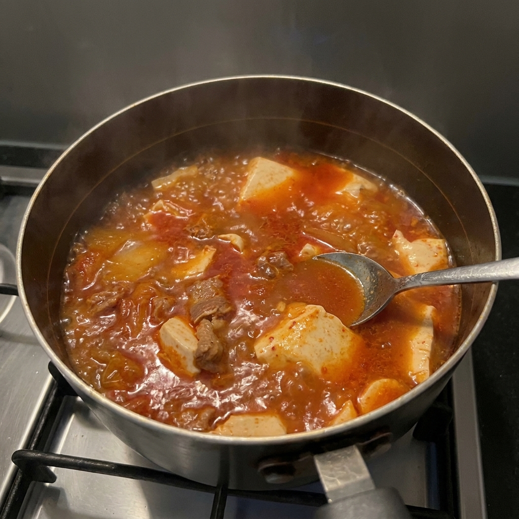 고기와 순두부가 듬뿍 들어간 완성된 김치찌개를 숟가락으로 살짝 뜨는 모습