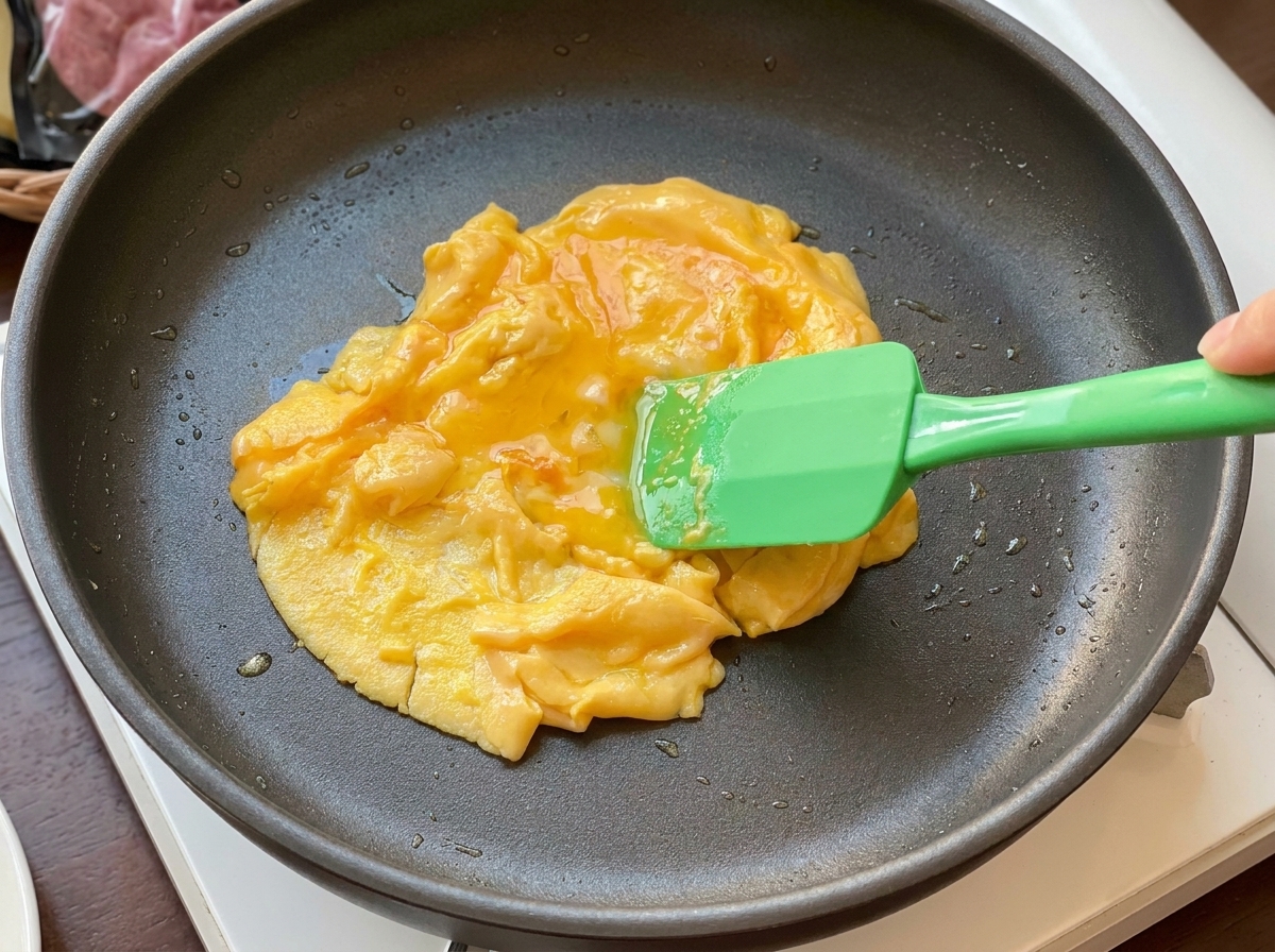 주걱으로 촉촉하게 익은 에그 스크램블을 들어 올리는 모습