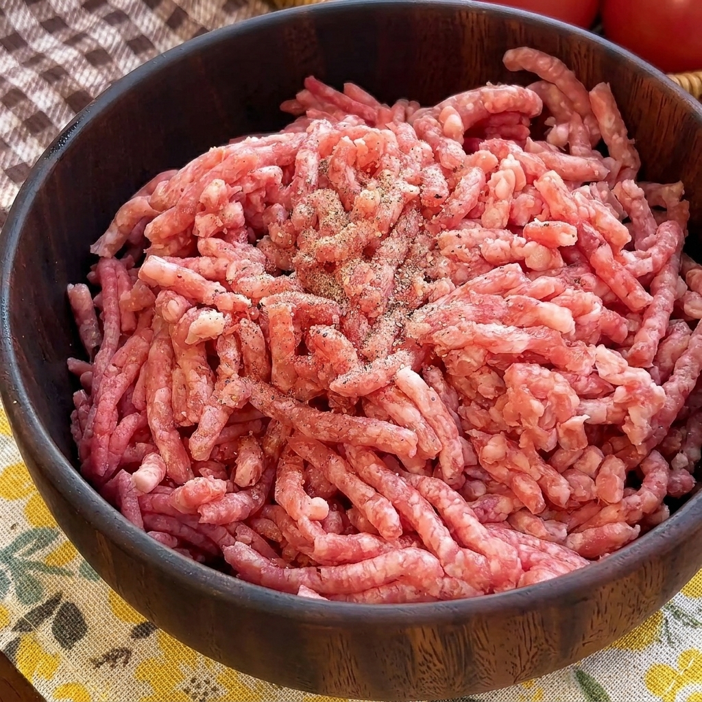 나무 그릇에 담긴 생 소고기 다짐육 위에 뿌려진 굵은 소금과 갓 깬 흑후추.