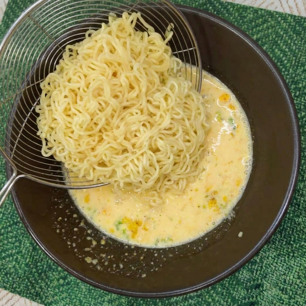채반을 이용해 꼬들꼬들하게 삶은 라면을 크리미한 국물로 옮기는 모습