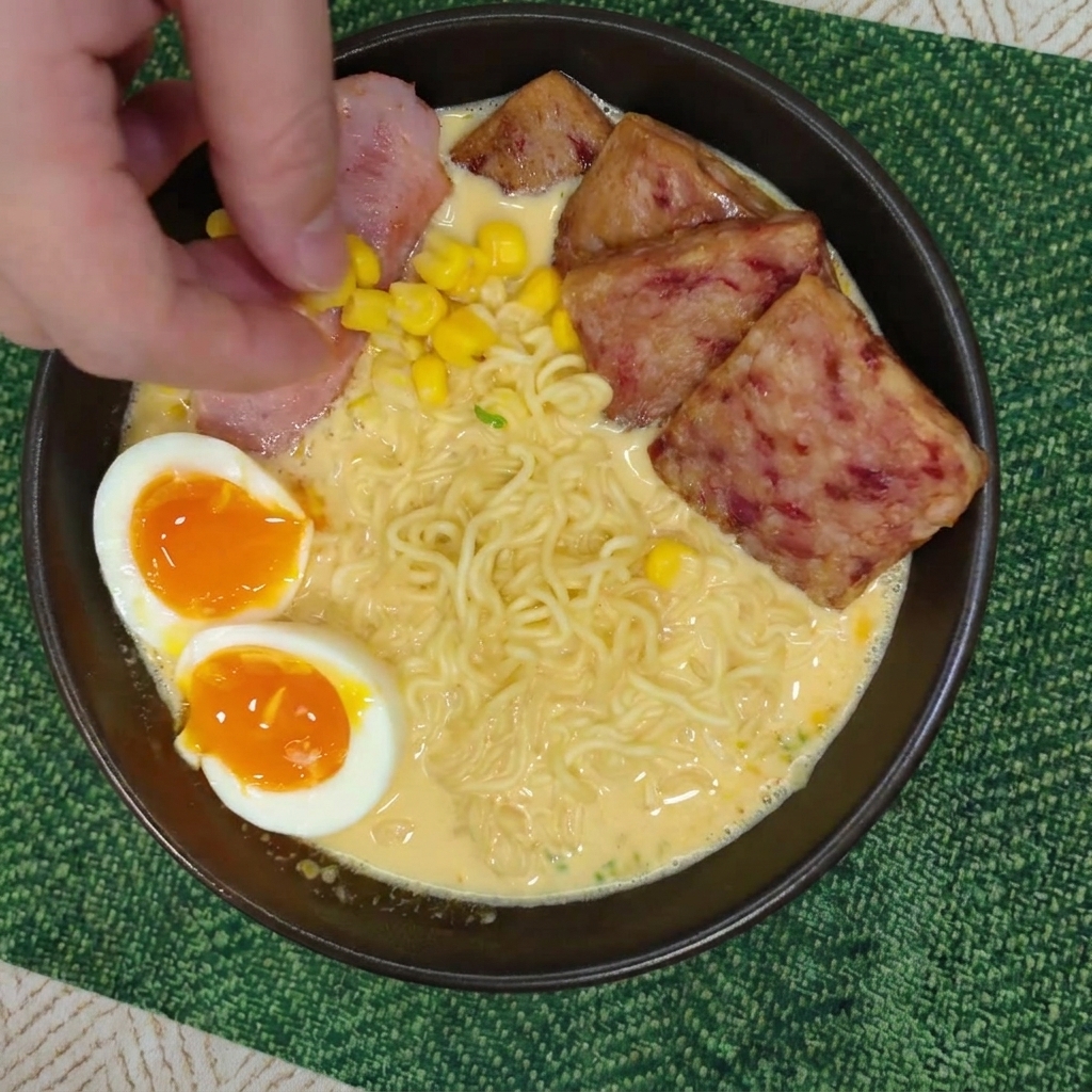 라면 그릇 위에 노란 스위트콘 알갱이를 뿌려 색감을 더하는 모습