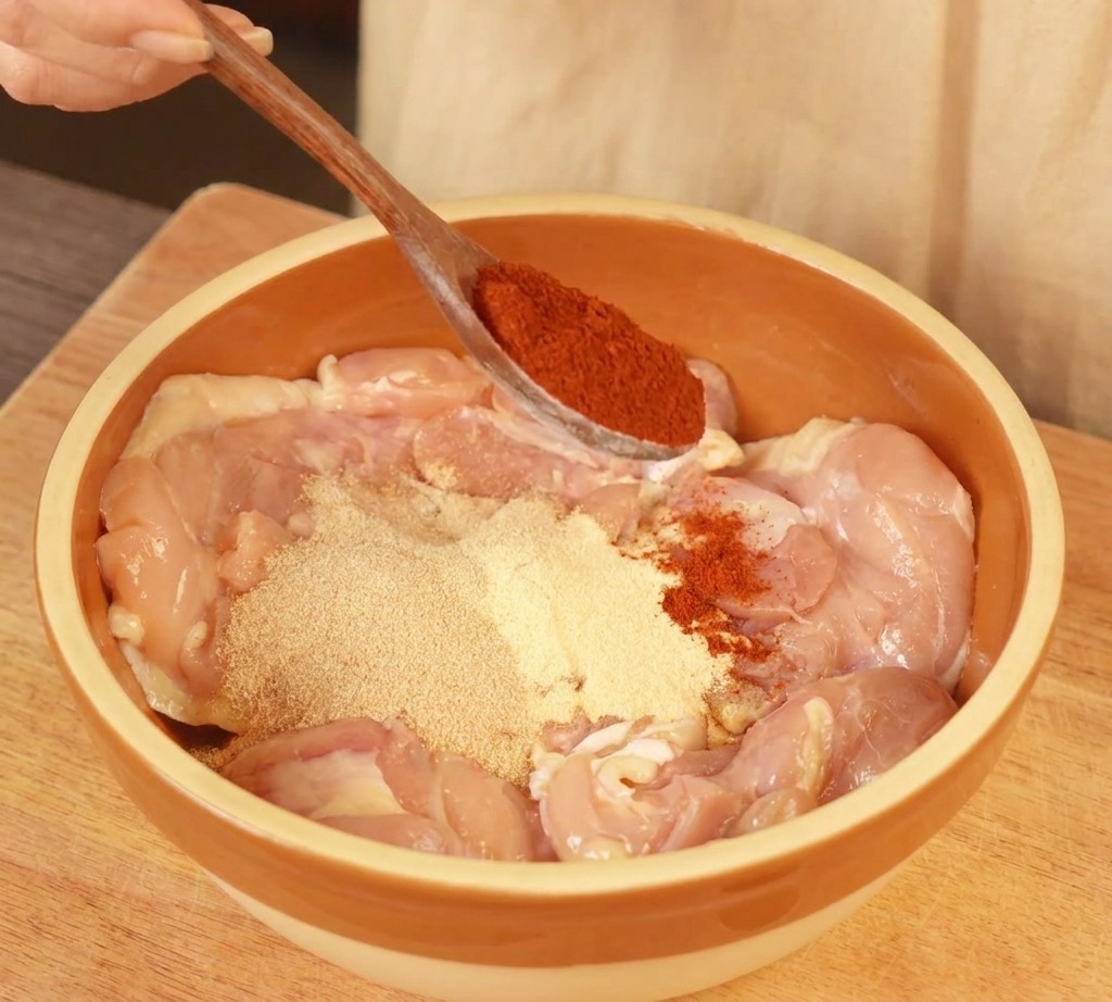 붉은 파프리카 가루와 마늘, 양파 가루로 닭다리살에 밑간을 하는 모습