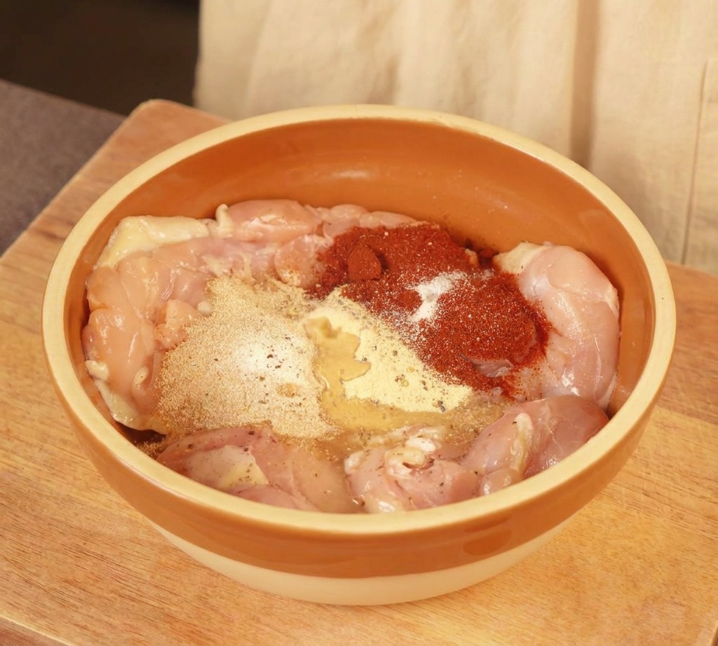 양념된 닭다리살에 흰 우유를 붓고 섞는 과정