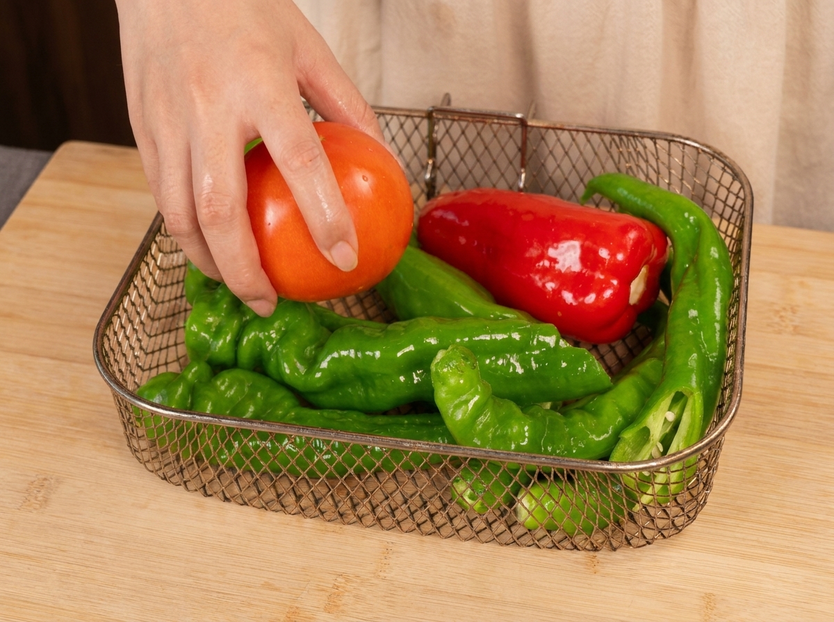 고추가 들어있는 에어프라이어 바스켓에 칼집을 낸 토마토를 넣는 손.
