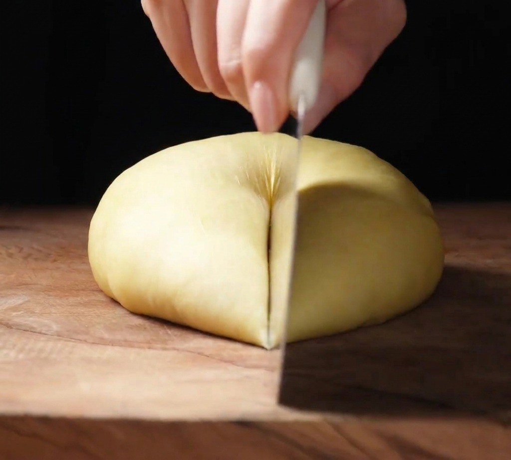 나무 조리대 위에서 칼로 반죽 덩어리를 자르는 모습