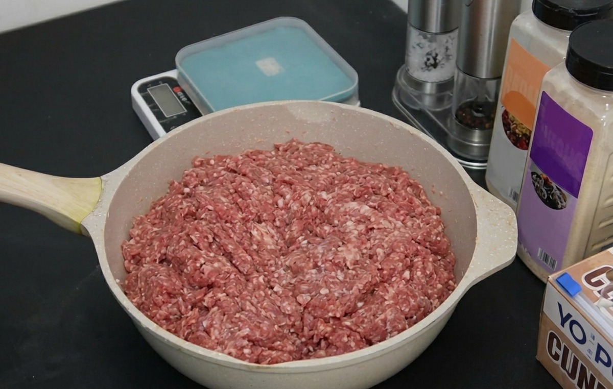 주방 조리대 위 저울과 양념통 옆에 놓인 신선한 다진 소고기 한 판