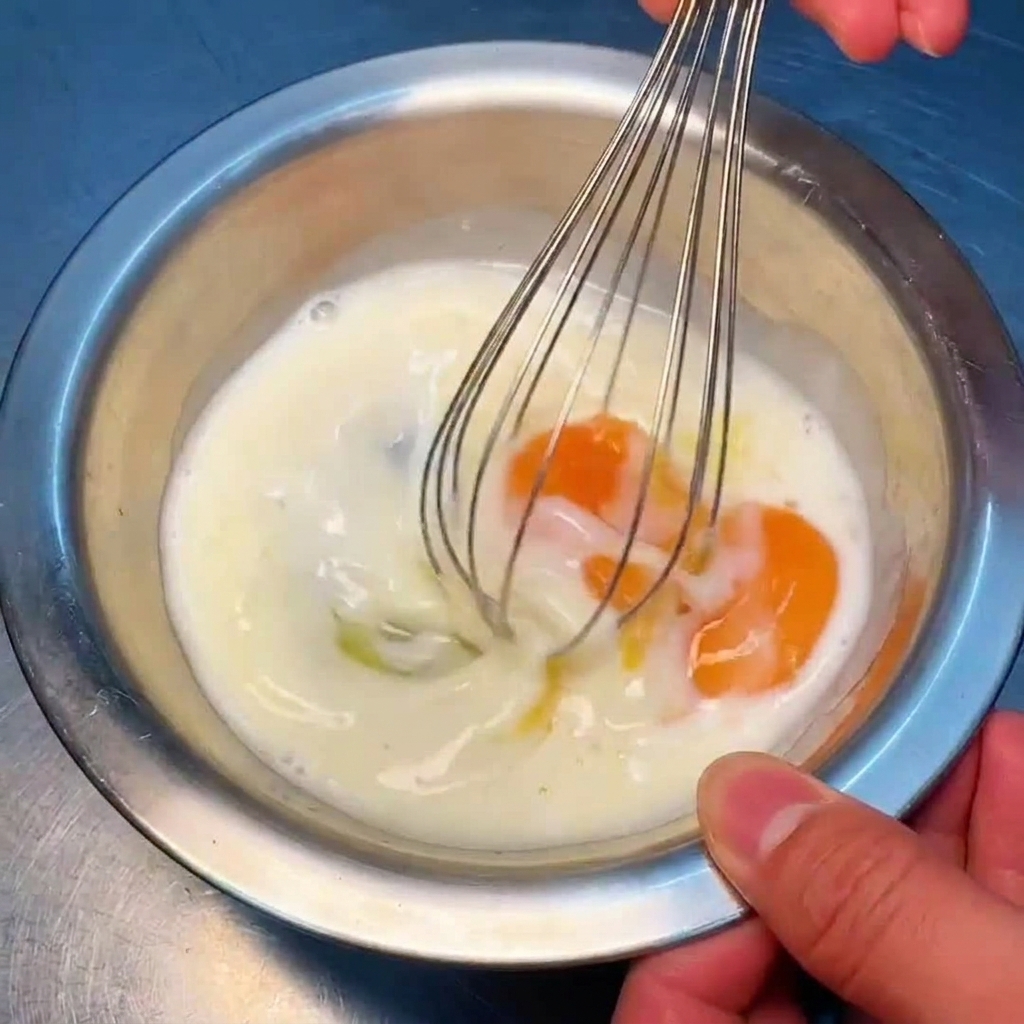 거품기로 달걀 혼합물을 빠르게 섞는 모습