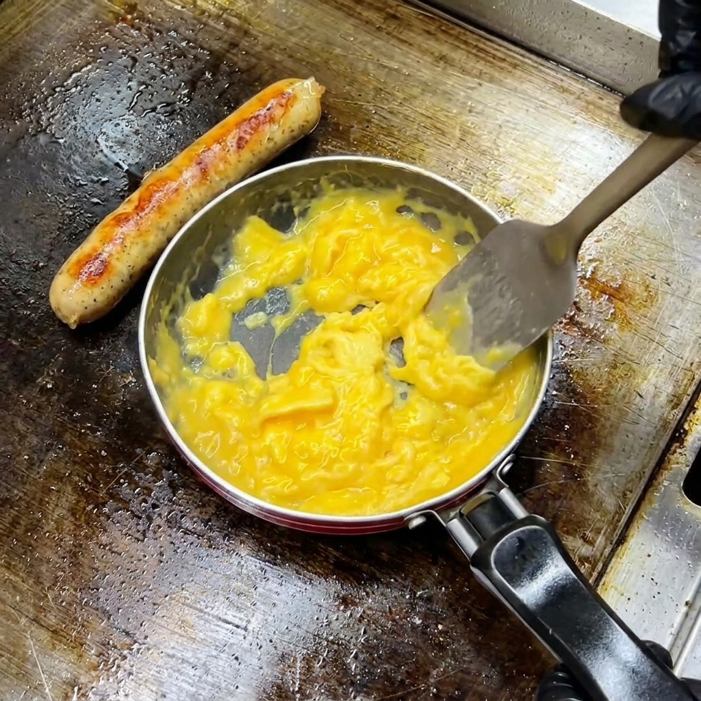 조리용 주걱으로 달걀을 부드럽게 밀어 올리며 익히는 모습