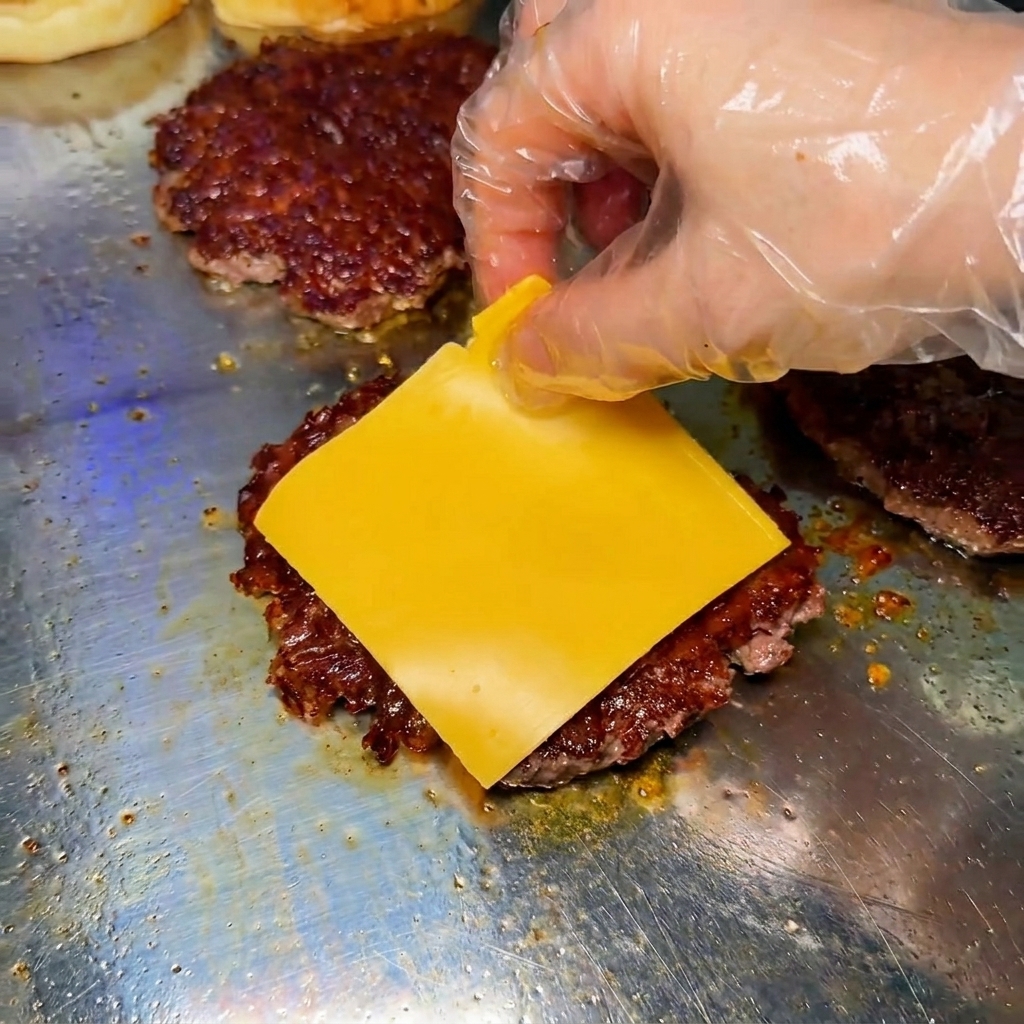 익은 소고기 패티 위에 노란 체다 치즈를 올리는 모습