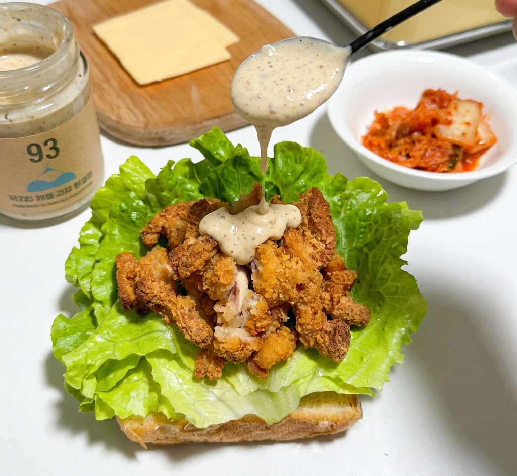 치킨 위로 크리미한 소스를 뿌리고 있는 숟가락.