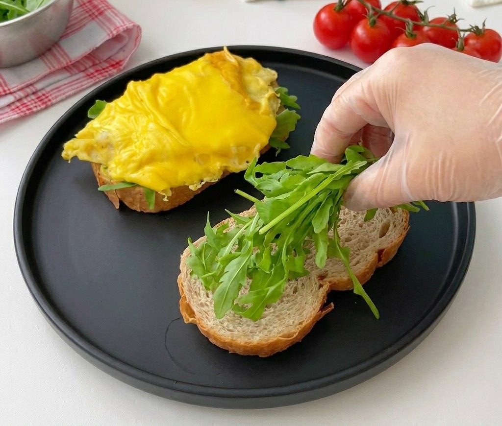 검은색 무광 접시 위에 놓인 두툼하게 구워진 빵 위로 장갑을 낀 손이 싱싱하고 푸른 루꼴라 한 움큼을 얹는 모습.