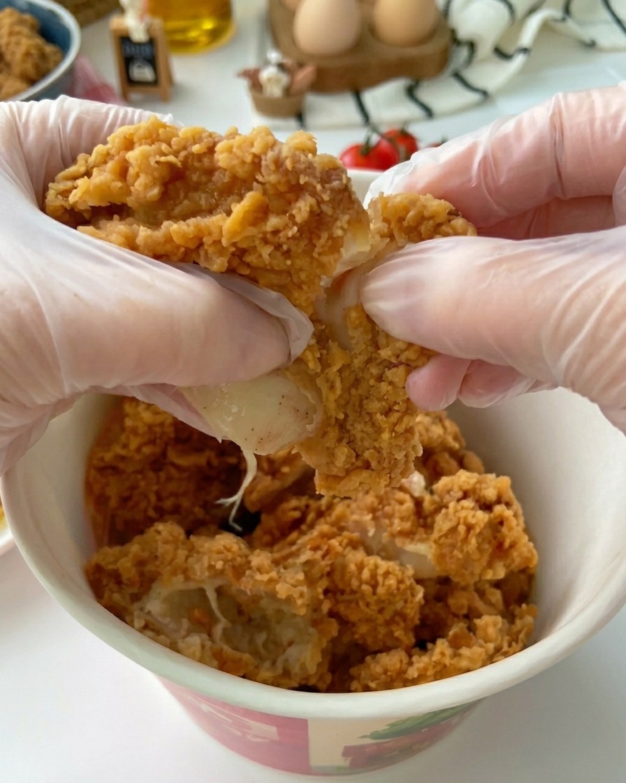 투명한 위생 장갑을 낀 두 손이 노릇하고 바삭한 프라이드 치킨 조각을 결대로 찢어 촉촉한 속살을 드러내는 모습.