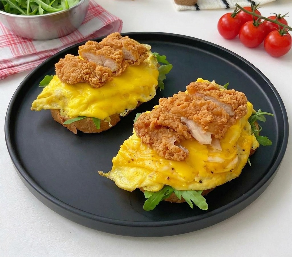 검은 접시 위에 구운 빵, 루꼴라, 치즈 에그가 층층이 쌓여 있고 그 위에 바삭한 프라이드 치킨 조각들이 산처럼 쌓인 클로즈업 사진.
