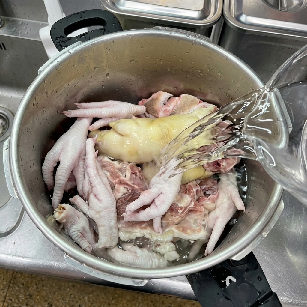 뼈와 닭발이 담긴 냄비에 깨끗한 찬물을 붓는 모습
