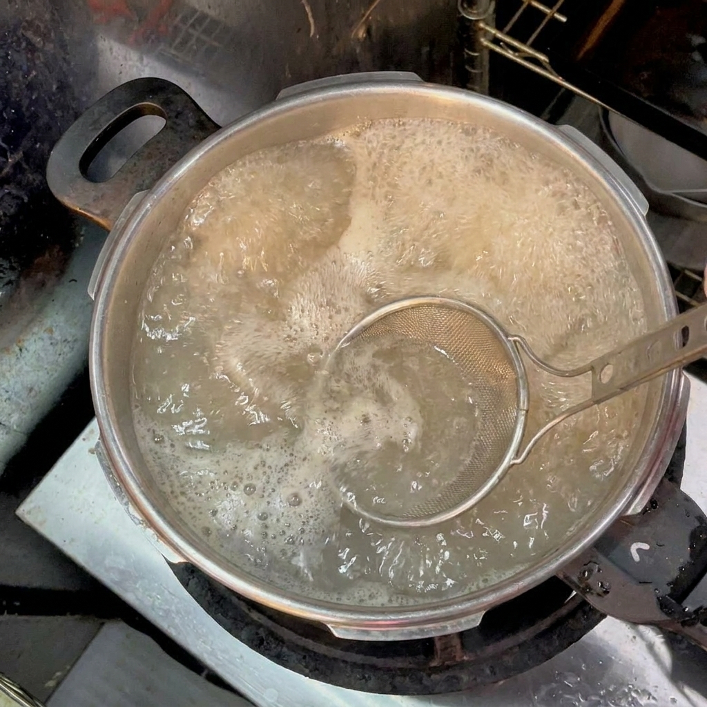 끓는 물 위로 떠오르는 갈색 거품을 고운 체로 걷어내는 장면