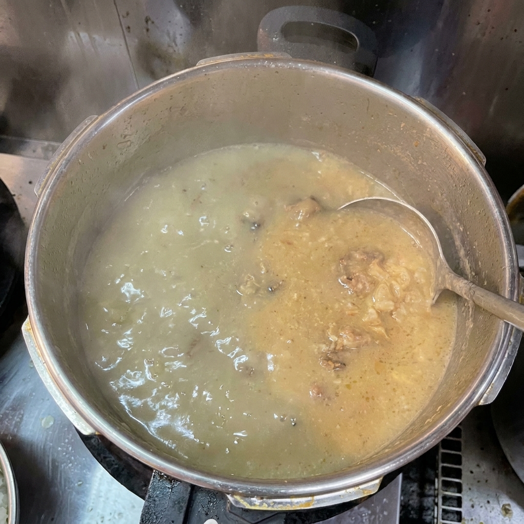 팔팔 끓으며 뽀얗게 섞이는 진한 돈코츠 육수