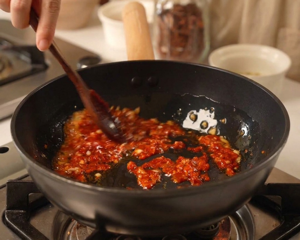 마늘을 볶던 팬에 붉은 고추장을 한 숟가락 크게 넣는 모습.