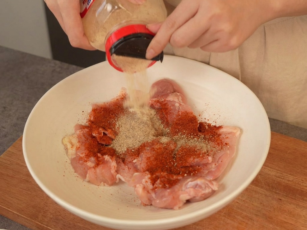 흰 볼에 담긴 생닭다리살에 마늘 가루를 뿌리는 모습.