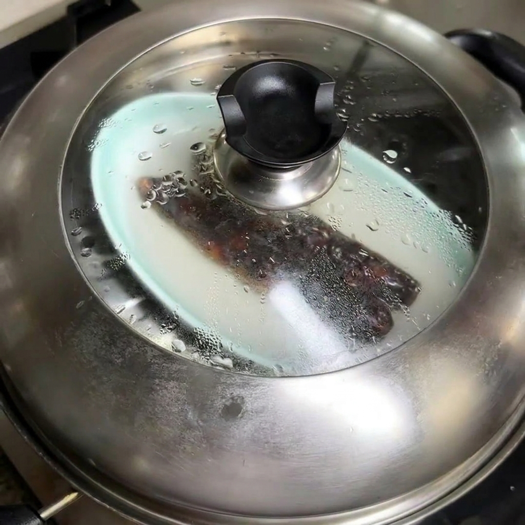 나무 도마 위에서 둥글게 썰고 있는 찐 중국식 소시지.