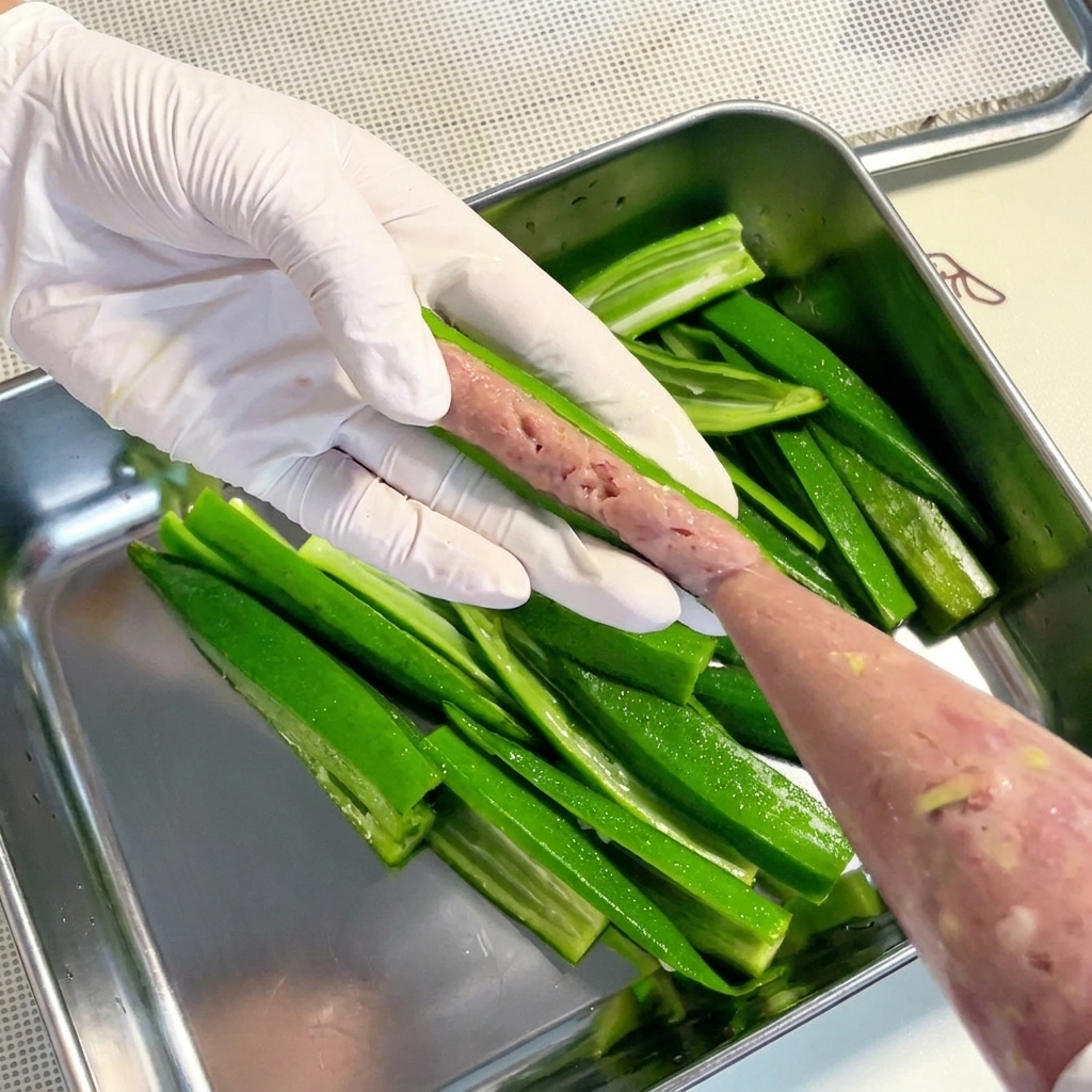 짤주머니를 사용하여 다진 오리고기 반죽을 데친 오크라 속에 채우는 모습.