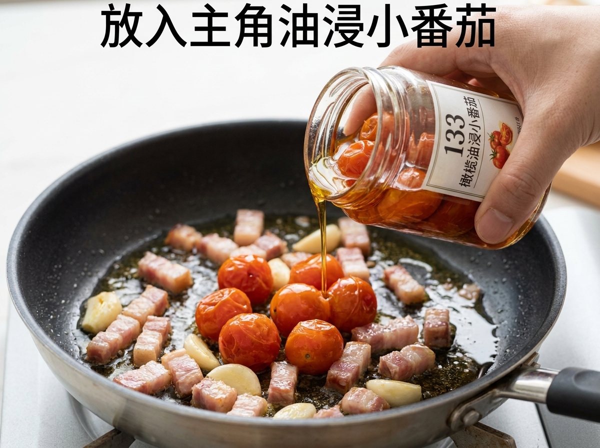 볶은 베이컨과 마늘이 있는 팬에 선드라이 토마토를 넣는 모습.