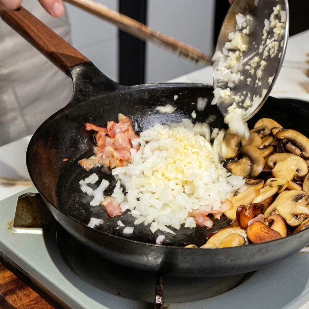 팬에 다진 양파와 마늘을 넣고 볶는 과정.