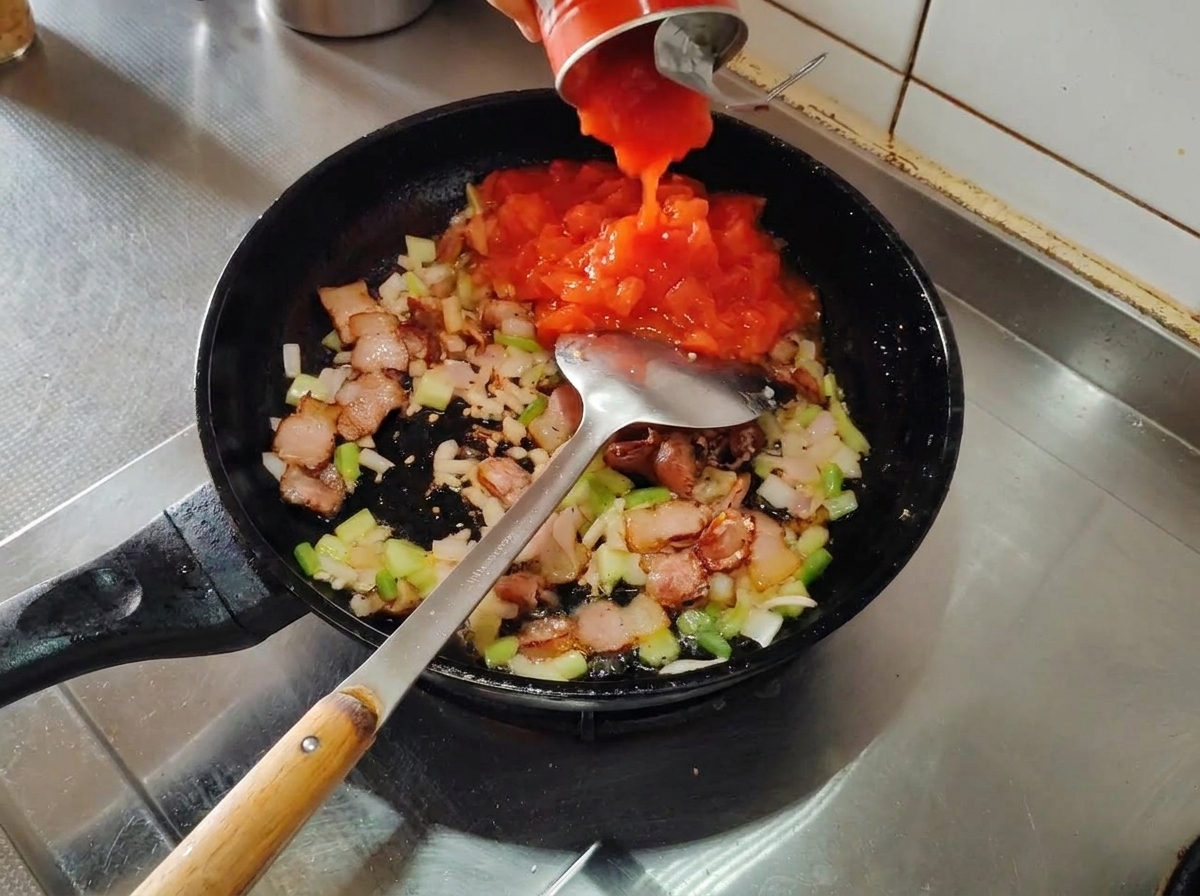 캔 토마토를 프라이팬에 붓는 모습.