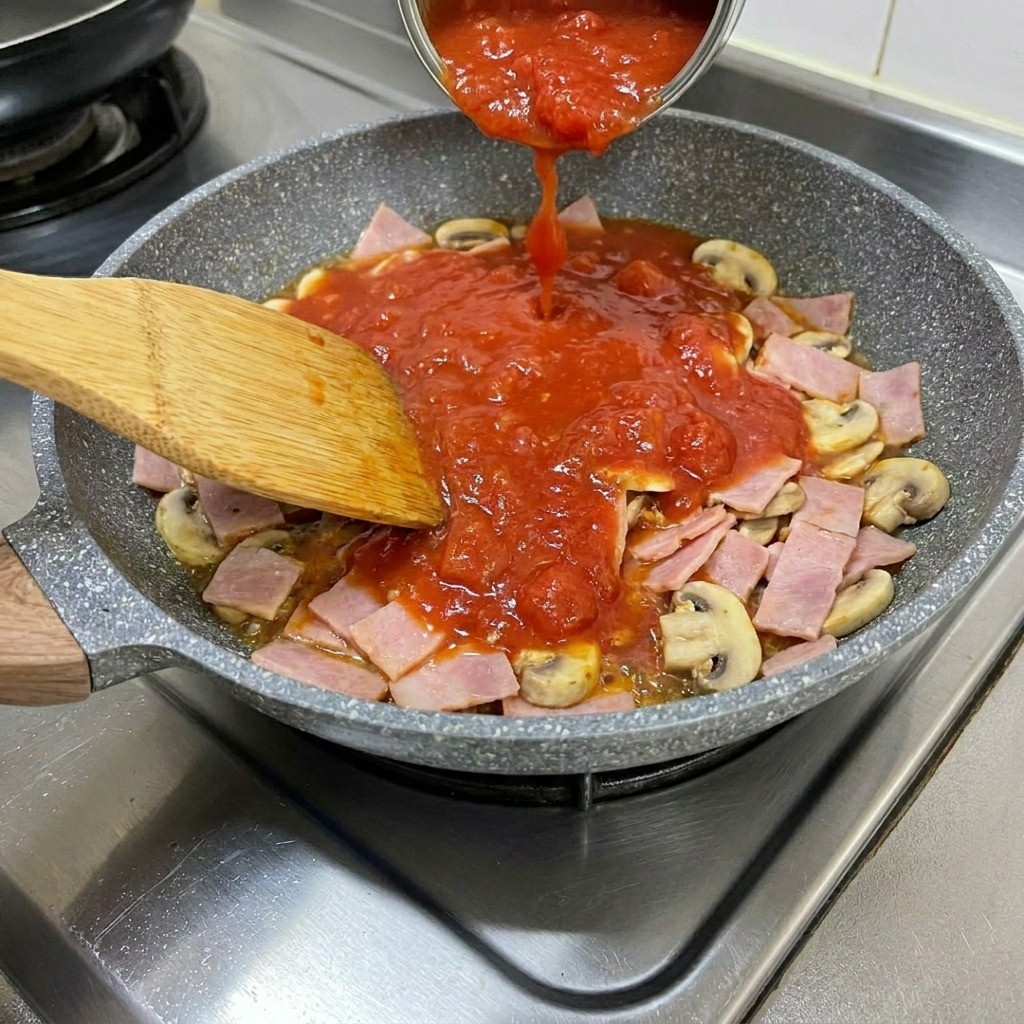 베이컨과 마늘이 있는 팬에 크러시드 토마토 통조림을 붓는 모습.