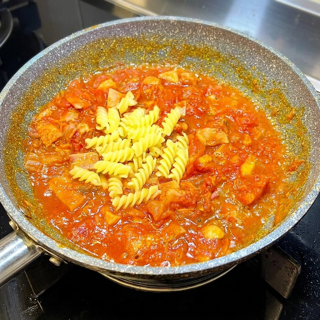 진한 토마토 베이컨 소스에 삶은 푸실리를 넣고 섞는 모습.