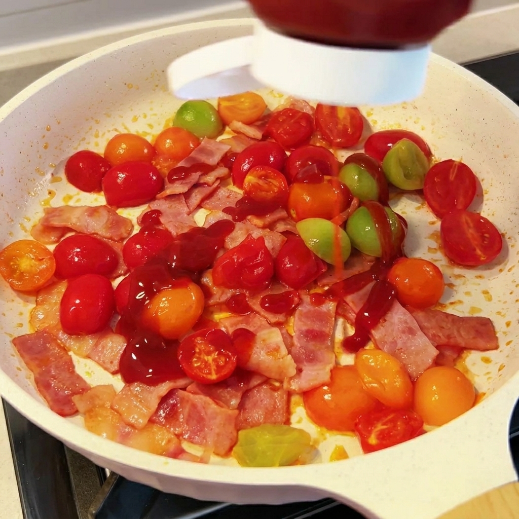 팬에 담긴 베이컨과 토마토 위로 토마토 소스를 짜 넣는 모습.