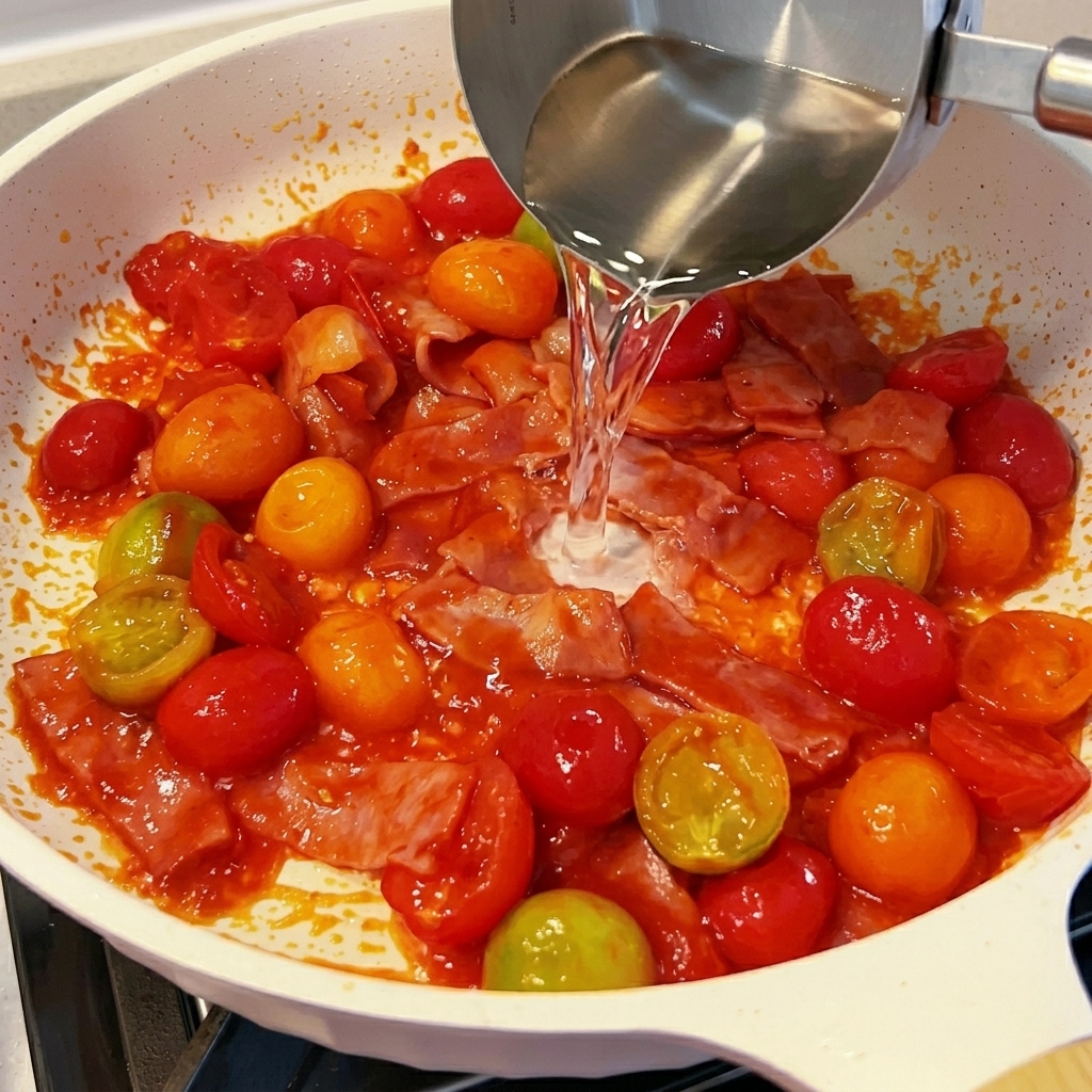 조리 중인 베이컨과 토마토가 담긴 팬에 물을 붓는 모습.