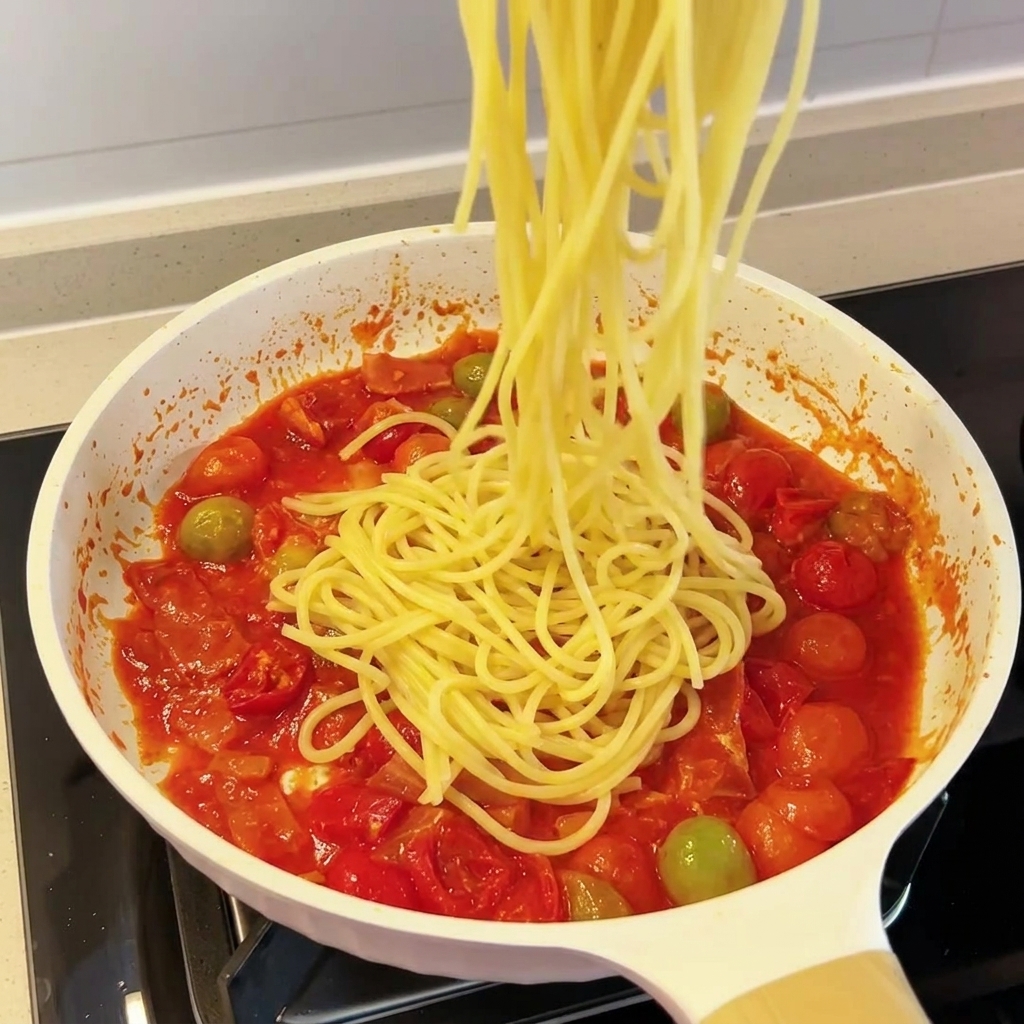 삶아진 스파게티면을 크리미한 토마토 베이컨 소스에 넣고 섞는 모습.