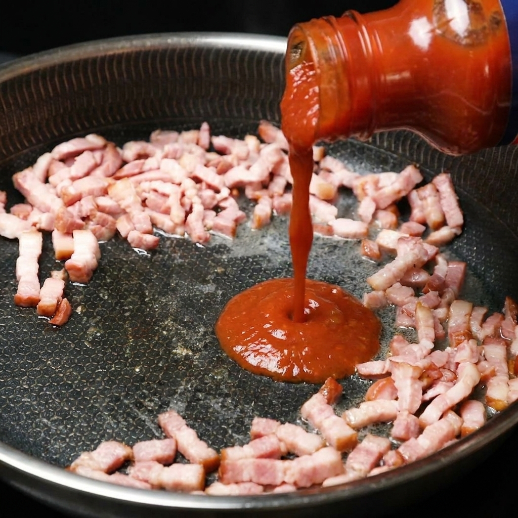 바삭하게 구워진 베이컨이 있는 팬에 토마토 채소 파스타 소스를 붓는 모습.