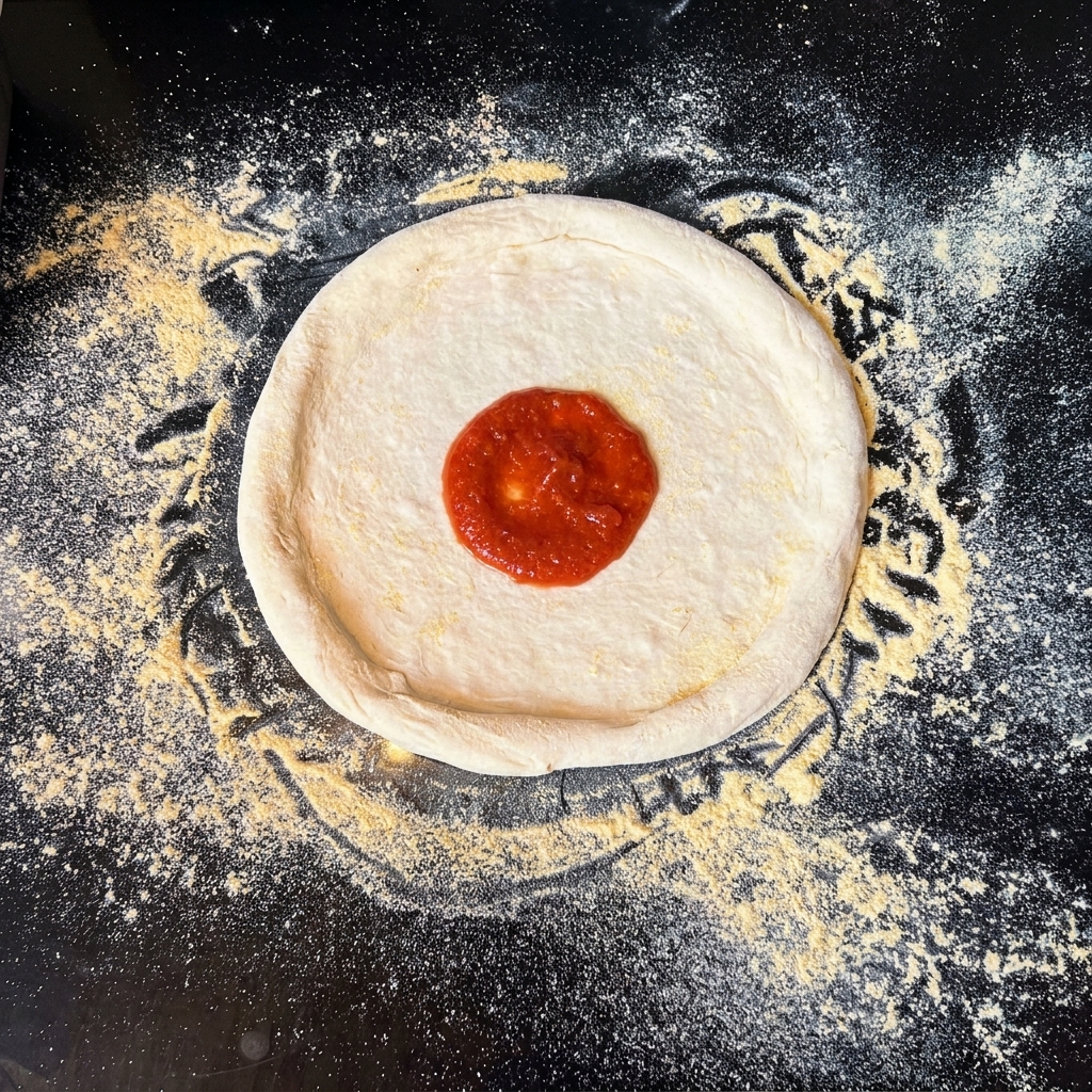 검은 조리대 위 넓게 펼쳐진 도우 중앙에 붉은 토마토 소스가 올려진 모습.