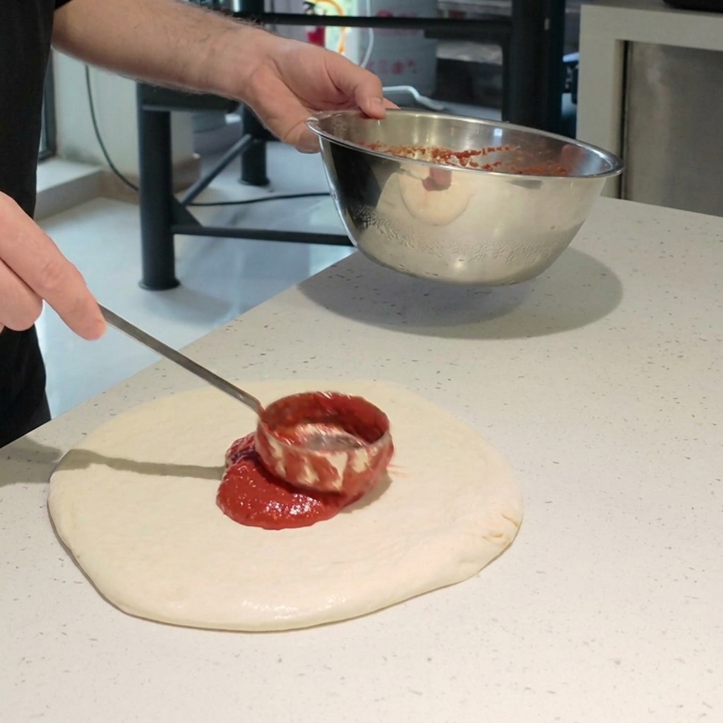 토마토소스를 바른 피자 위에 모차렐라 치즈 조각과 바질 잎을 올린 모습.
