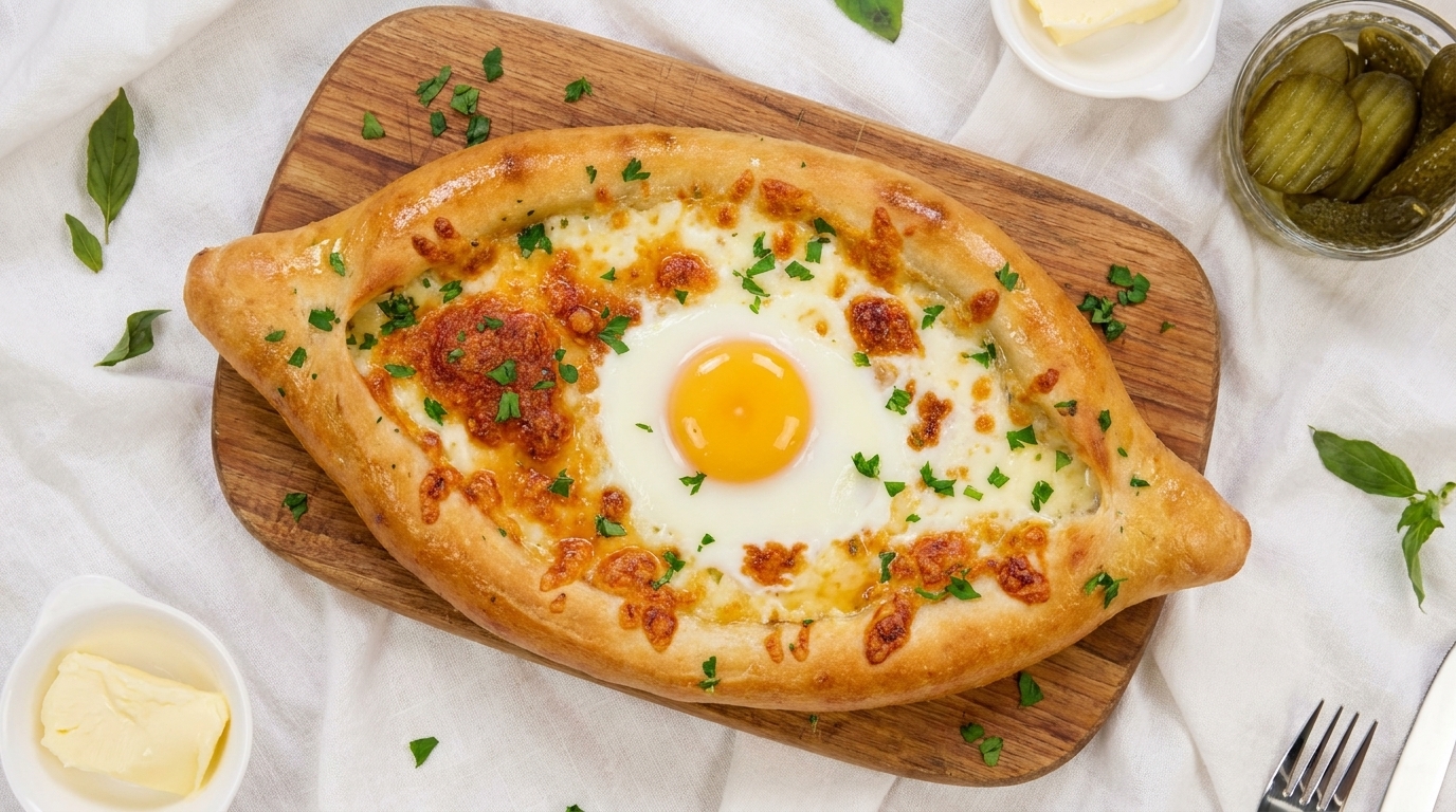 노릇하게 구워진 배 모양의 하차푸리 안에 녹은 모짜렐라 치즈와 달걀이 들어있고 파슬리로 장식되어 있습니다.