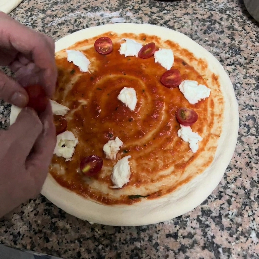 반으로 자른 방울토마토를 모짜렐라와 소스 위에 올리는 모습.