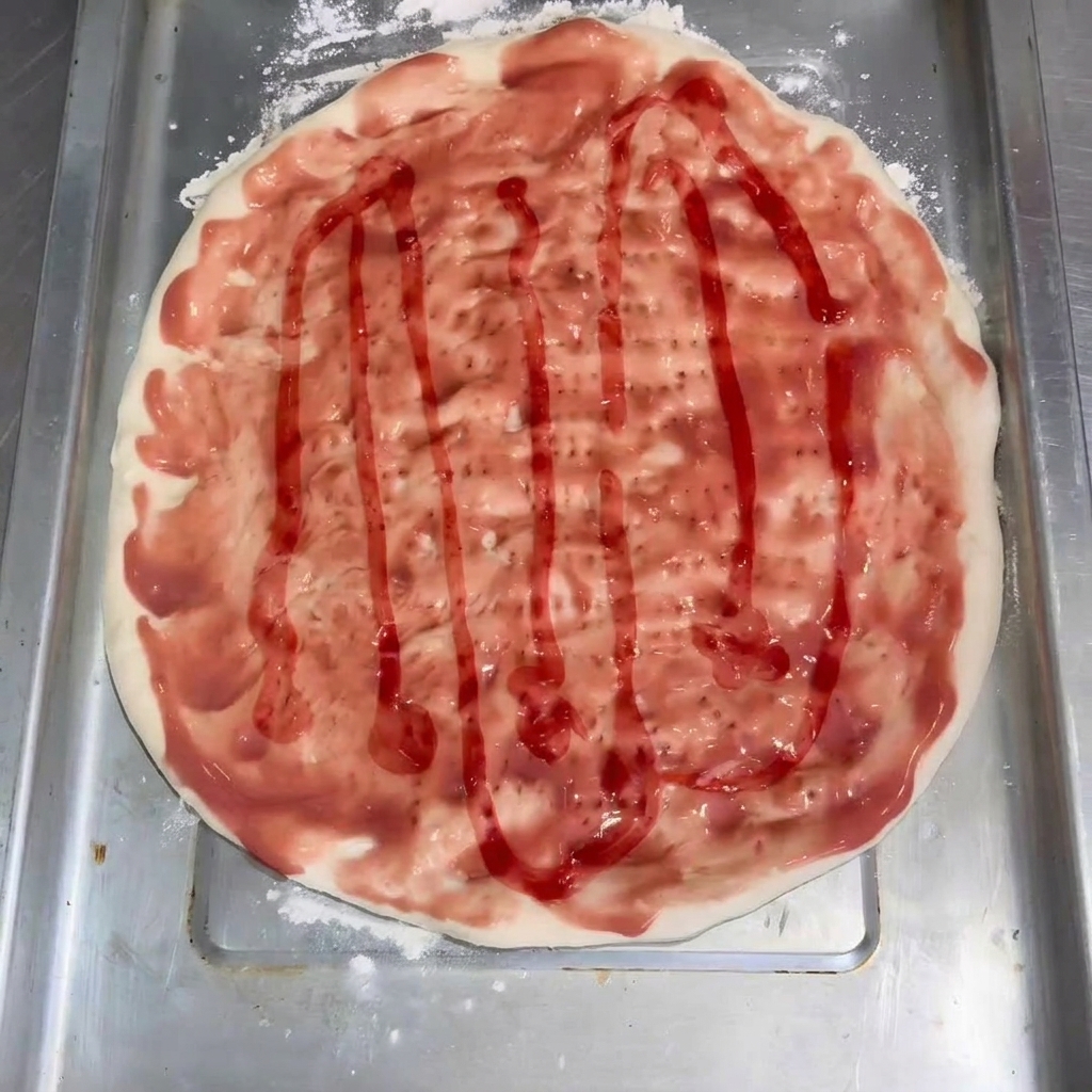 피자 도우 위에 토마토 소스를 펴 바르는 모습.
